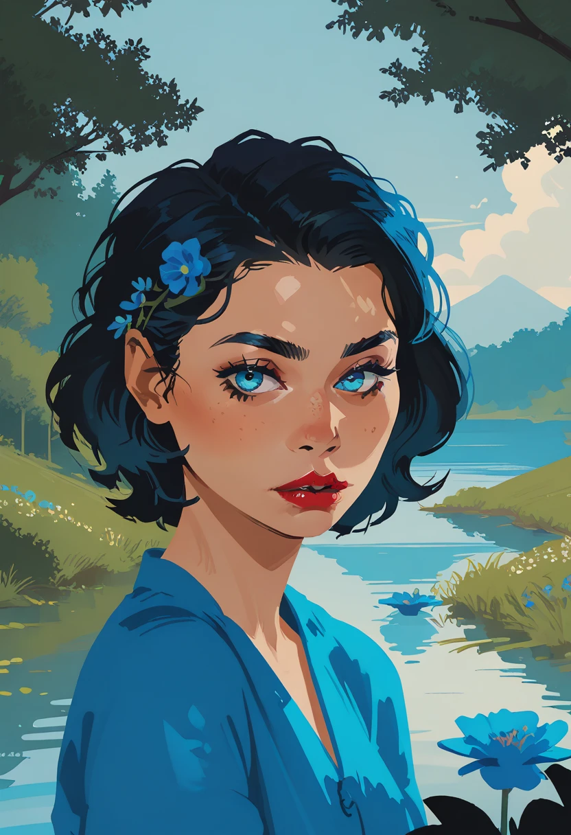 1girl, flower, solo, blue flower, blue  short hair, black hair, blue eyes, outdoors, tree, looking at viewer, lipstick, makeup, parted  mountain, sky, portrait, water, lips, s1_dram, zPDXL3,  PnyCmicXLPOS, detailxl,  (lineless, vector art:1.5)