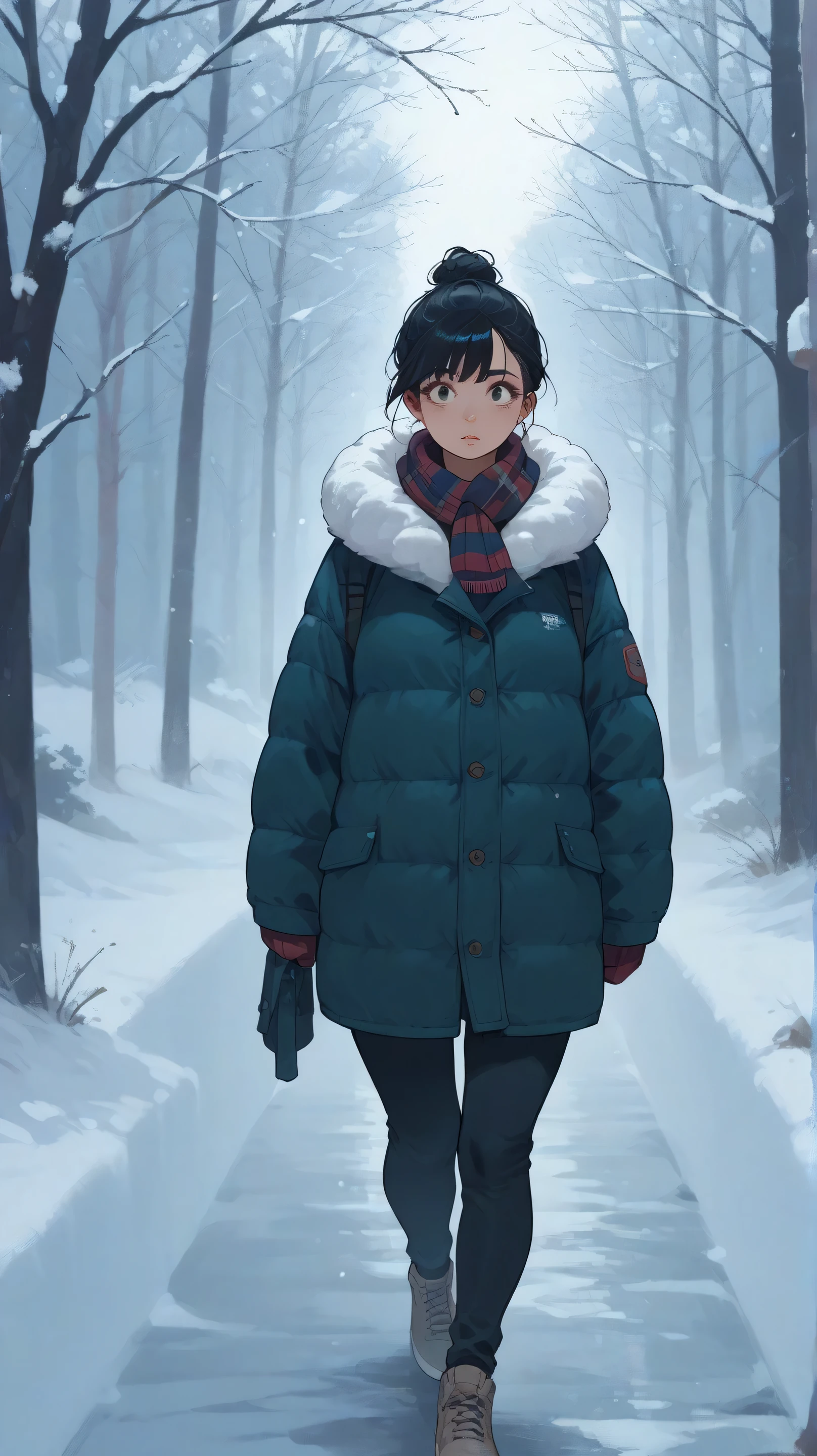 A woman with short black hair walking in a winter park