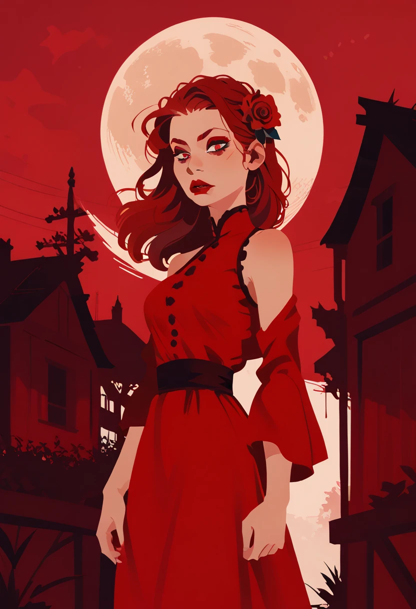 1girl, flower, dress, red theme, solo, red dress, moon, red  hair ornament, red flower, hair flower, sleeveless dress, red hair, full moon, makeup, breasts, sleeveless, from side, red background, long hair, lipstick, red sky, plant, standing, bare shoulders, outdoors, s1_dram, zPDXL3,  PnyCmicXLPOS, detailxl,  (lineless, vector art:1.5)