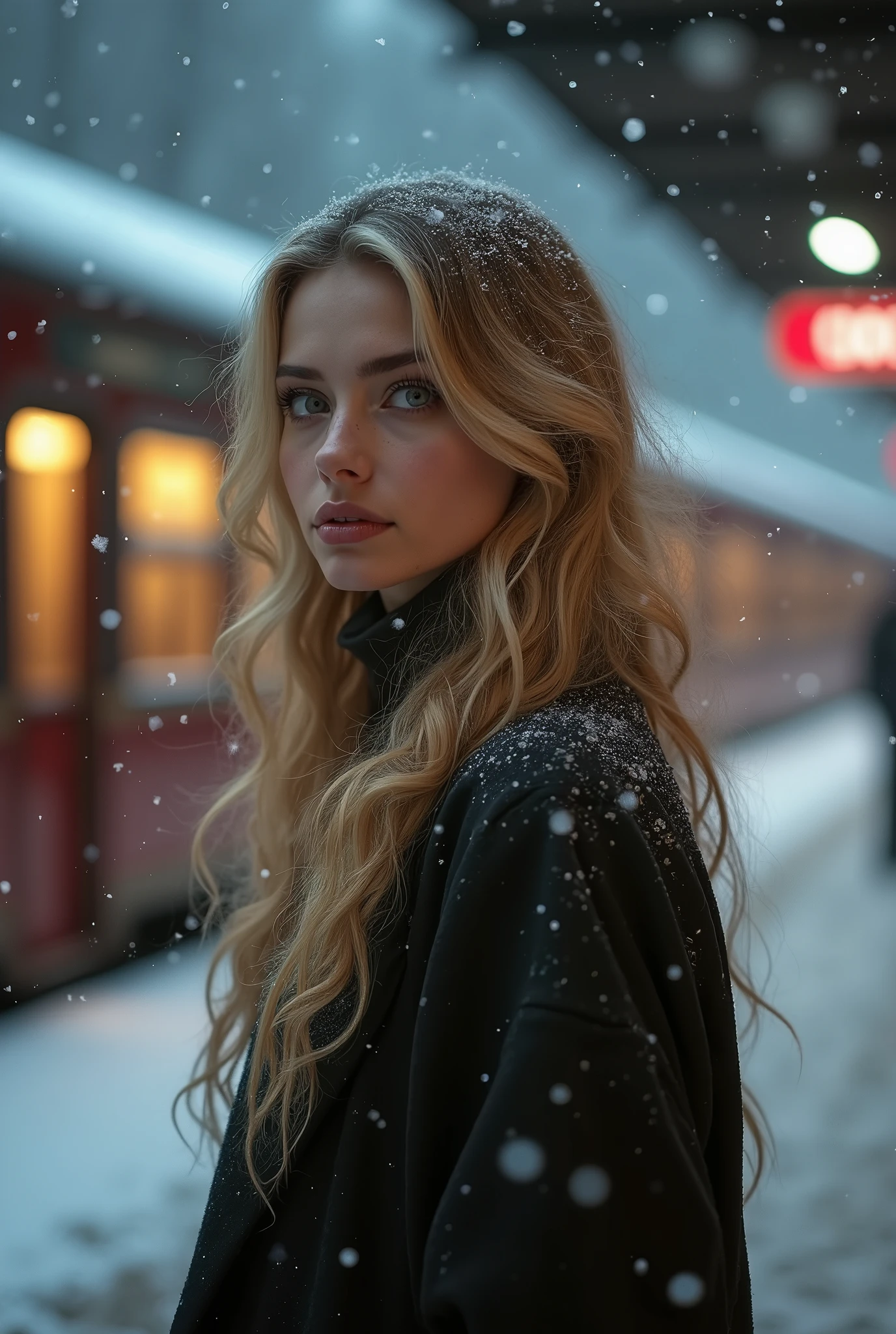 Arafed woman standing in front of a train in the snow - SeaArt AI