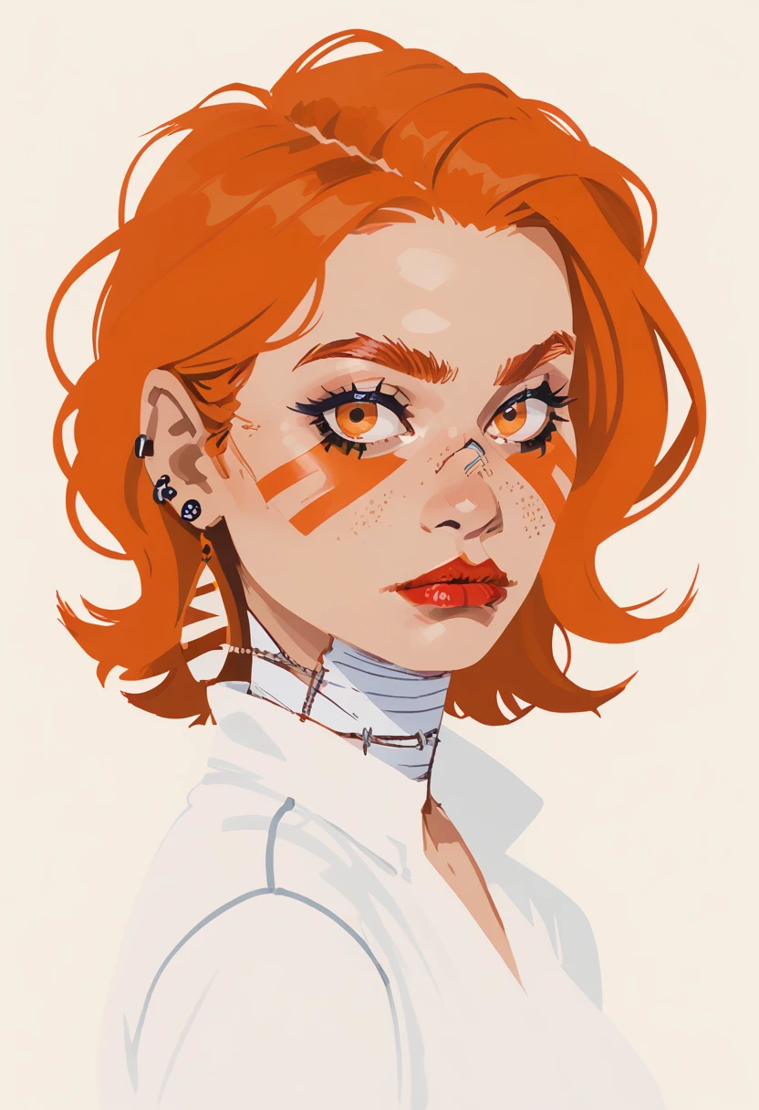 1girl, solo, looking at viewer, orange hair, orange eyes, jewelry, stitches, portrait, makeup, earrings, short hair, upper body,  facepaint, piercing, blurry, lipstick, closed mouth, s1_dram, zPDXL3,  PnyCmicXLPOS, detailxl,  (lineless, vector art:1.5)