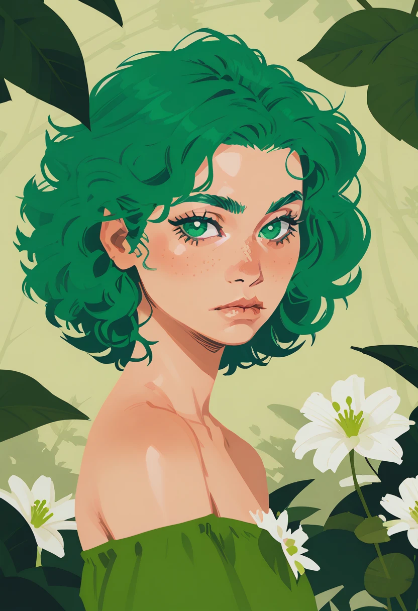 1girl, solo, green eyes, green theme, flower, green hair, looking at viewer, white flower, closed mouth,  short hair, upper body, leaf, plant, curly hair, bare shoulders, from side, eyelashes, s1_dram, zPDXL3,  PnyCmicXLPOS, detailxl,  (lineless, vector art:1.5)