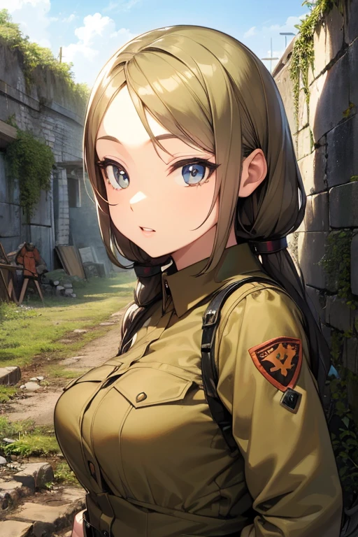 a detailed fantasy barracks scene, 1girl, beautiful detailed eyes, beautiful detailed lips, extremely detailed face, long eyelashes, tight military uniform, holding rifle, surrounded by other female soldiers, military base, crumbling walls, barbed wire, cloudy sky, moody lighting, dramatic shadows, cinematic composition, intricate textures, vibrant colors, highly detailed, photorealistic, 8k, hyper-detailed, (best quality,4k,8k,highres,masterpiece:1.2),ultra-detailed,(realistic,photorealistic,photo-realistic:1.37)