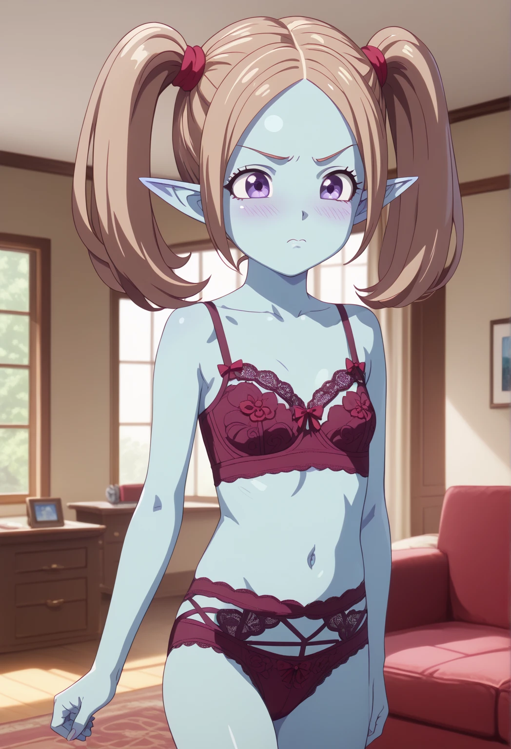 masterpiece,High resolution,Highest quality,8k, Those_Anime-Series, panzy, twintails, pointy ears, purple eyes, colored skin,blue skin, long hair, small breast , takeda hiromitsu style,     posing embarrassed, red face, brown lace bra, brown lace lingerie, brown lace panties,detailed background, indoor, living room, house living room,  petite