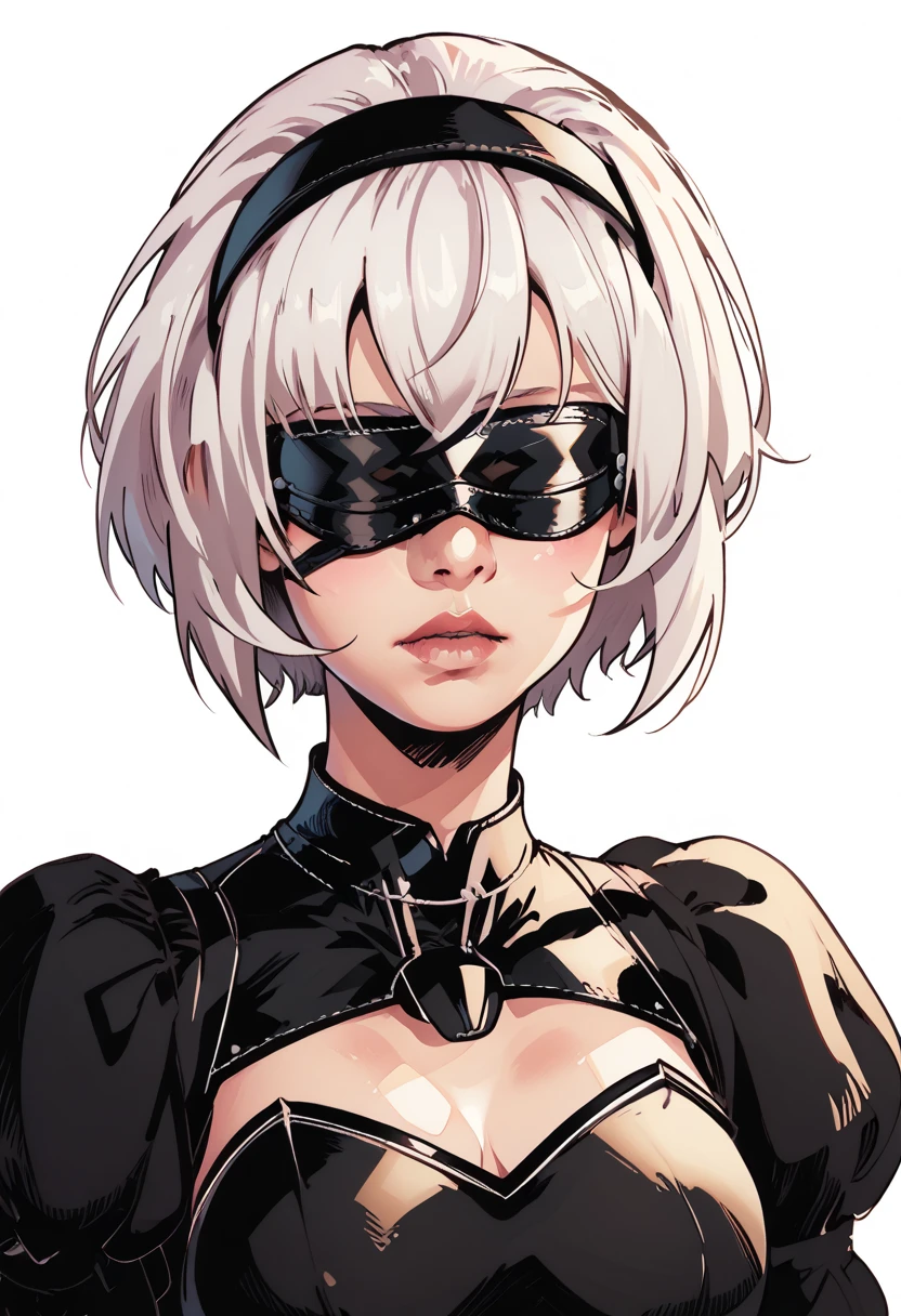 Create a character sheet focused exclusively on the head and face of a character inspired by 2B from Nier Automata, showing four detailed views: a front view with a calm expression, pale skin, framed by a symmetrical, short white bob haircut with bangs just above the visor; a right side view highlighting the profile of the visor edge, facial contours, and neat jaw-length hair that doesn’t cover the ear; a top-down view showing the part line and round contour of the bob cut; and a back view with neatly cut hair falling to neck length without the visor visible. Background should be plain to enhance focus on these details, with high-resolution, smooth shading for a realistic look. complete side view persepctive and with out visor on face