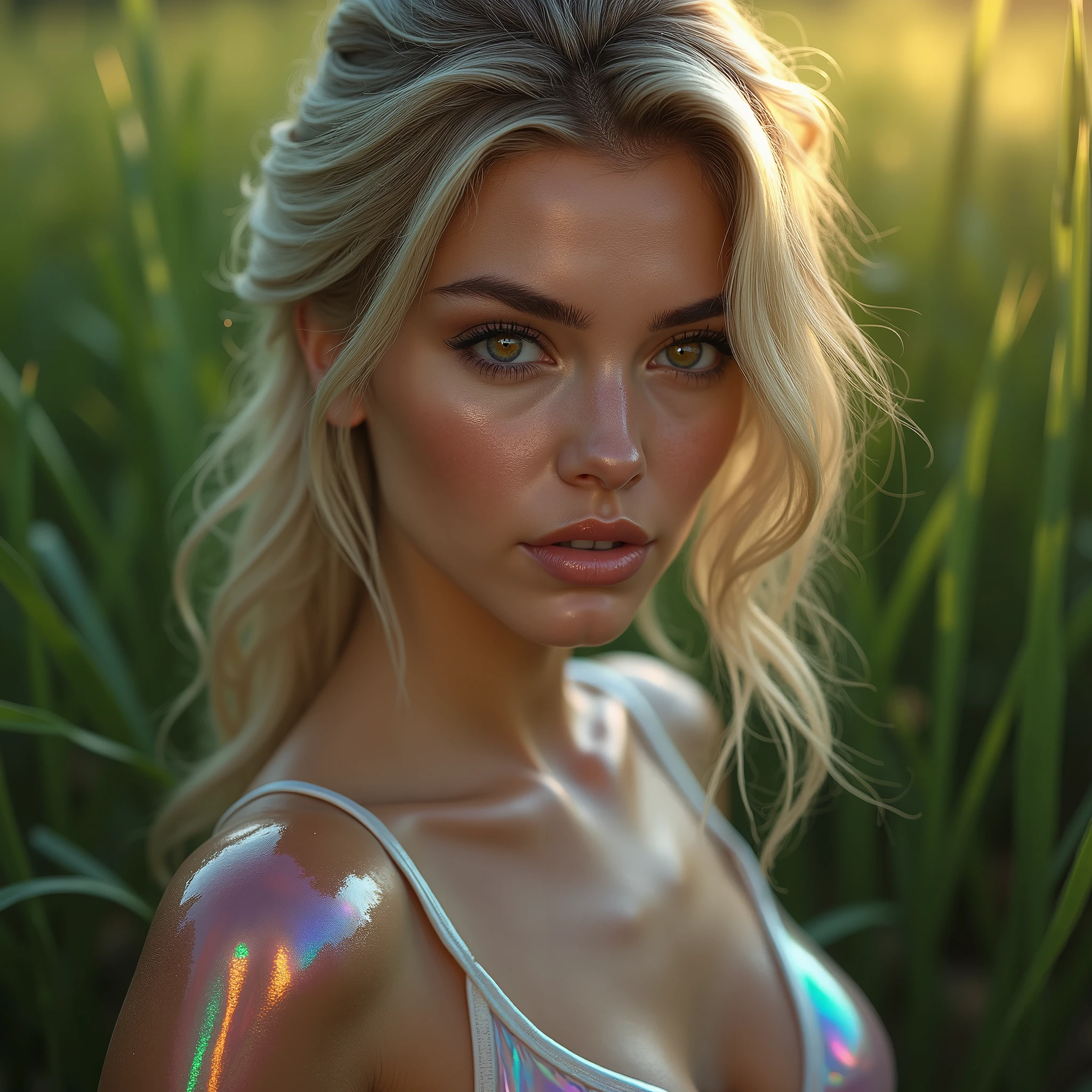 image of a beautiful Austrian woman, blonde, light blue eyes, white skin, thin nose, delicate features, clear face, muscular body, large breasts, muscular legs, body showing, naked, image with cinematic lighting, high resolution, vibrant colors,