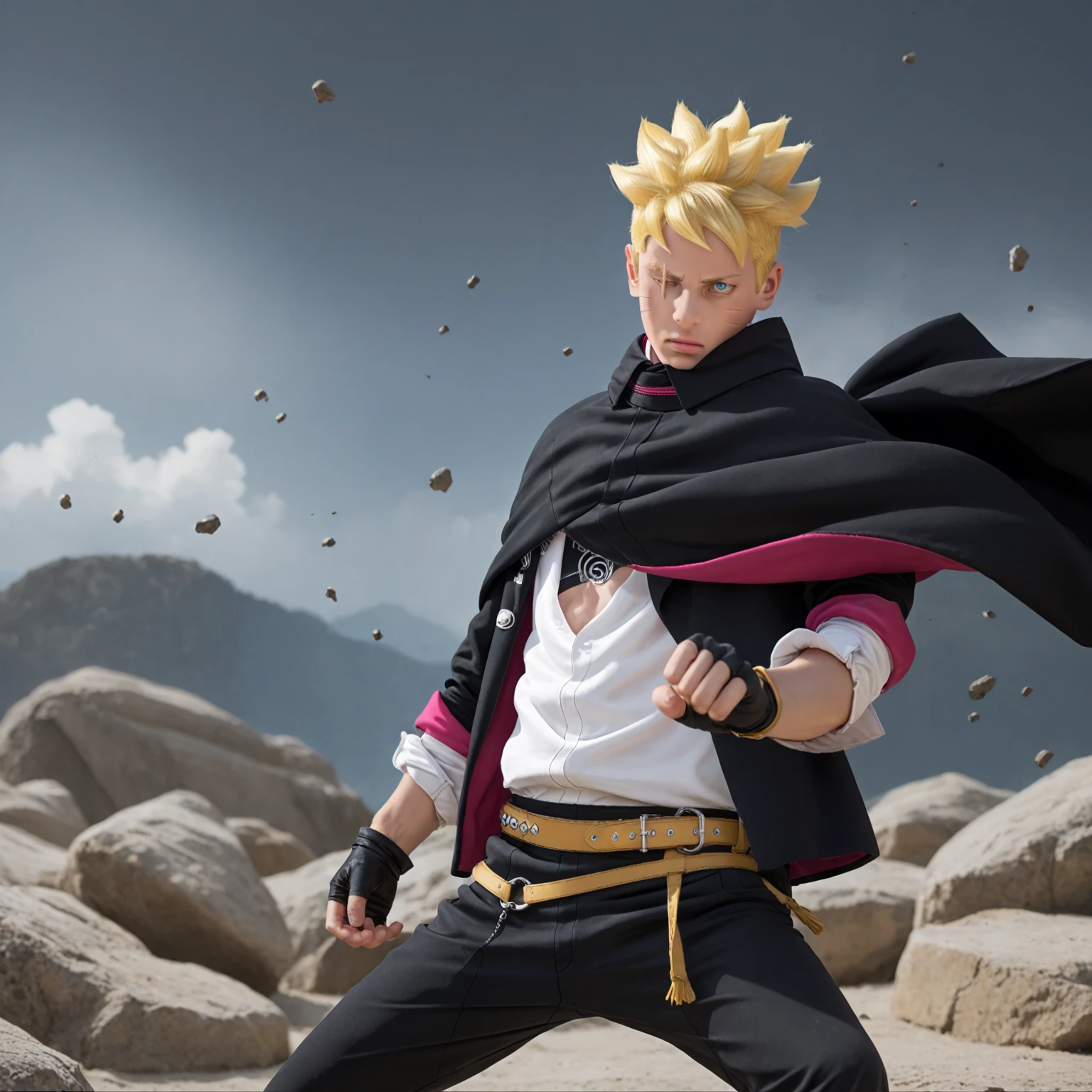 Boruto, 1boy, solo, fight pose, yellow hair, blue eyes, two black lines on the cheek, black cloak, black pants, gloves, rocks background, cowboy shot, one eyes closed,Textured Skin, rasengan in left hand, glowing, realistic