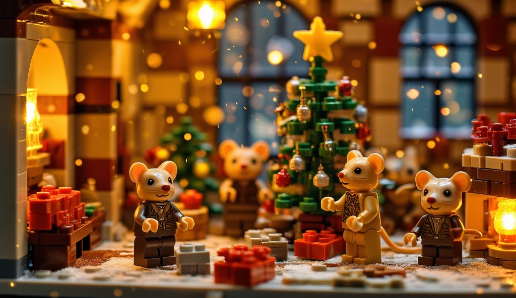 A festive LEGO scene featuring a family of LEGO mice celebrating Christmas inside a cozy LEGO-style house. The scene includes a LEGO Christmas tree adorned with colorful ornaments and a shining star, surrounded by the mice family decorating the tree together. The parents, ren, and even a baby mouse are all made of LEGO pieces, each with unique designs. The house features a warm fireplace, wrapped LEGO presents, and holiday decorations. Snow can be seen falling through the windows, adding a magical winter touch to the scene.