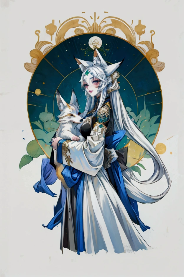  Humanoid women with fox animal features With a  white long hair and 2 tails