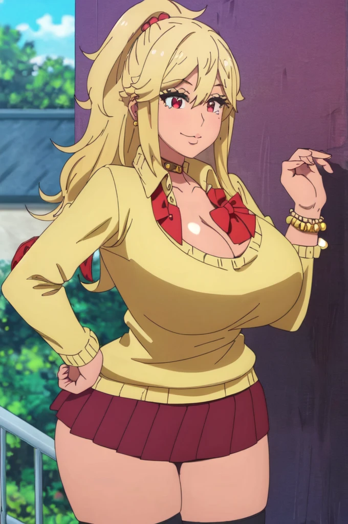 ((best quality)),((highly detailed)),masterpiece,absurdres,detailed face,beautiful face,(detailed eyes, deep eyes),1girl,  Tomo, ((red eyes)), black short skirt , sky, day, cloud, pleated skirt, School rooftop, looking at viewer, open clothes, standing, loose uniform showing cleavage, Gyaru, Big breast, ((full tanned skin)), Glossy lips, a lot of earpiercing, Necklace with heart shape,Bracelet, Half eyes expression, Smirk, feminim,((1girl)),((Solo)),Spouty mouth,Thick lips,colored Long nail,Stylish thick wavy hair,Celeb wavy hair,Tight tights,H cup,Gyaru rings,((Big bouncy breast)),Curvy figure,Half eyes open expression,((((school uniform with long sleeve sweater )))),unbuttoned school uniform,cleavage,Solo,Heart shape emote,Detailed hand,Thick lips,half eyes,Humongous Breast,Dangerous cleavage,Stand out cleavage,Eyelash,((yellow blond colored hair)),Colorless lips,Enchanched breast,Show off cleavage,Body facing front,Gaze on viewer,Stud earring,Needy girlfriend,Needy bitch behaviour,Chocker,Detailed hand,Crossing hand,Swaying hips,((Wavy hair)),puckered lipa expression,1hand crossing arm,white collar,Cleavage,Loose sweater