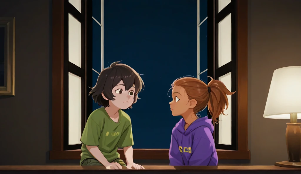 A cozy living room at night, dimly lit by a table lamp. Two s, ZOE and LIAM, sit near a window, looking outside anxiously. Zoe is a slender  with a round face, fair skin, and wavy brown hair tied in a ponytail, wearing a purple hoodie and jeans. Liam, 12, is slightly stocky with tan skin, a square jaw, and short spiky black hair, wearing a green T-shirt and cargo shorts. The window shows a dark, clear sky with no clouds, but the faint echo of thunder lingers.