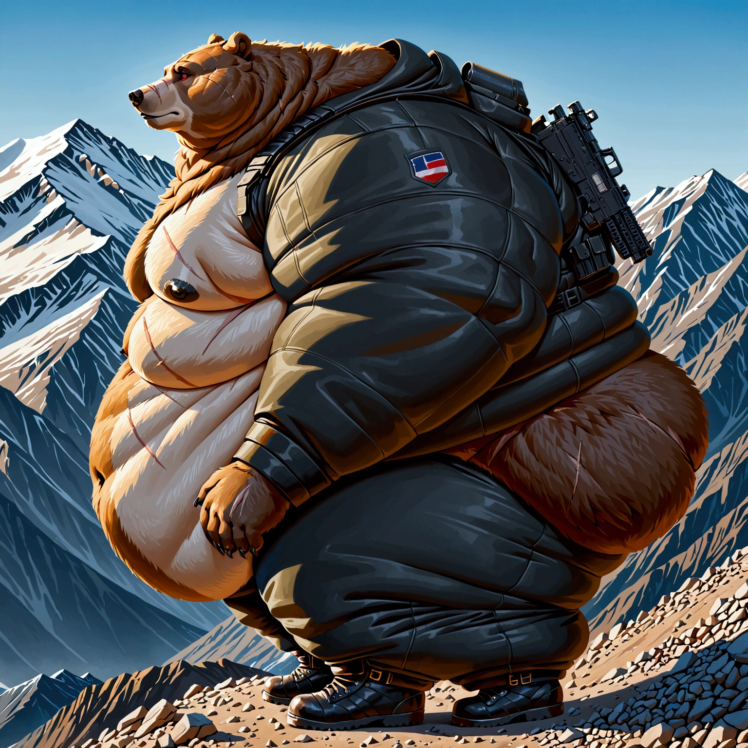 Very extremely morbidly-Obese Grizzly Bear with unbelievably very very very extremely massive overhang white belly, wears military boots, wears full Black military special forces suit, scars on the face, Beautiful Red eyes, Fat Arms, Fat legs, Fat neck, Belly size of a Mountain, carrying a firearm, side view. 