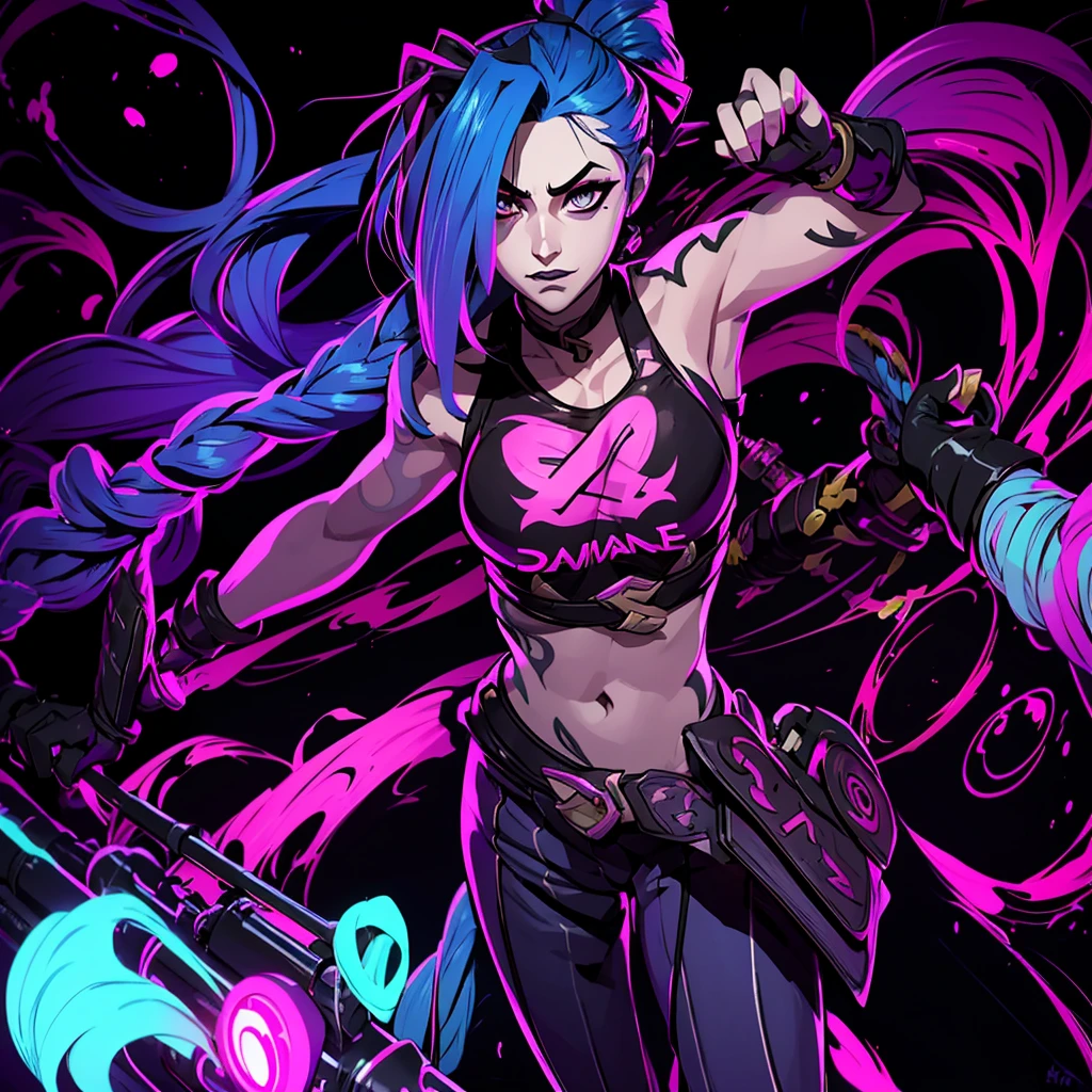 Jinx portrait, Jinx tshirt vector design, Jinx Arcane V.IT Lora, Arcane Inspired , graffiti, vibrant colors, fluorescent splatter paint, vector art, t-shirt design, (masterpiece, best quality:1.2), 1girl, solo, Jinx, wearing a Jinx Arcane Costume, detailed, colorful, Cinematic t-shirt art, Estilo de pintura. azarar, Acane, in dynamic pose. altamente detalhado, rosto detalhado, intrincado, comic, vivid colors. Black background 