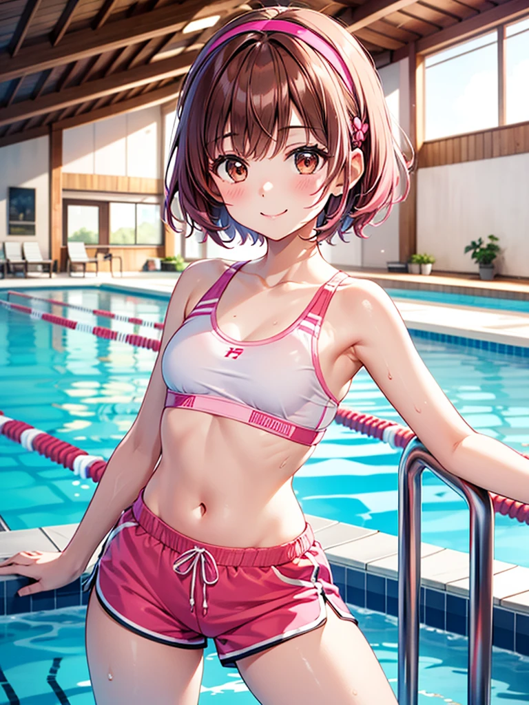 (NSFW)、top-quality、Top image quality、8K picture quality、masterpiece、1girl in、girl with、full body Esbian、Lustrous skin、((Small latex maikurobikini))、(Dark blue socks)、(Brown loafers)、Misaka Mikoto、Smile、embarrassed from、red blush、(((steams)))、stares at the camera、browny short hair、small tits、Beautiful navel、cute butt、Raw thighs、(((Cameltoe)))、Squatting on the ground、Open your crotch wide from side to side、Opening legs、(((Dripping sweat)))、(((Love Juice)))、(urethra)、(uterus)、in poolside、Professional filming、profetional lighting