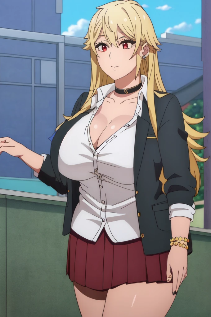 ((best quality)),((highly detailed)),masterpiece,absurdres,detailed face,beautiful face,(detailed eyes, deep eyes),1girl,  Tomo, ((red eyes)), black short skirt , sky, day, cloud, pleated skirt, School rooftop, looking at viewer, open clothes, standing, loose uniform showing cleavage, Gyaru, Big breast, ((full tanned skin)), Glossy lips, a lot of earpiercing, Necklace with heart shape,Bracelet, Half eyes expression, Smirk, feminim,((1girl)),((Solo)),Spouty mouth,Thick lips,colored Long nail,Stylish thick wavy hair,Celeb wavy hair,Tight tights,H cup,Gyaru rings,((Big bouncy breast)),Curvy figure,Half eyes open expression,((((school uniform with long sleeve sweater )))),unbuttoned school uniform,cleavage,Solo,Heart shape emote,Detailed hand,Thick lips,half eyes,Humongous Breast,Dangerous cleavage,Stand out cleavage,Eyelash,((yellow blond colored hair)),Colorless lips,Enchanched breast,Show off cleavage,Body facing front,Gaze on viewer,Stud earring,Needy girlfriend,Needy bitch behaviour,Chocker,Detailed hand,Crossing hand,Swaying hips,((Wavy hair)),puckered lipa expression,1hand crossing arm,white collar,Cleavage,Loose sweater