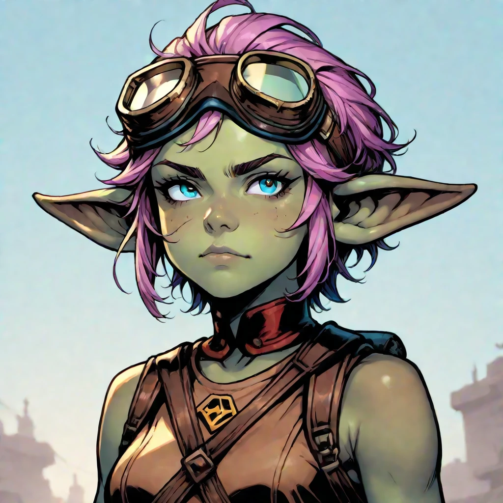 female inventor goblin wearing goggles on the top of her head tinkering with a gadget