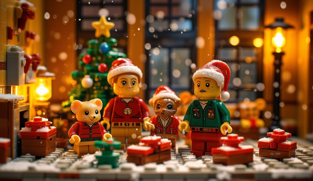 A festive LEGO scene featuring a family of LEGO mice celebrating Christmas inside a cozy LEGO-style house. Each mouse wears a Christmas-themed outfit: red and green sweaters with festive patterns, Santa hats for all family members, and a  mouse wearing a tiny Christmas bonnet. The LEGO Christmas tree is adorned with colorful ornaments and a shining star, surrounded by the mice decorating it together. The house features a warm fireplace, wrapped LEGO presents, and holiday decorations. Snow can be seen falling through the windows, adding a magical winter touch to the scene.