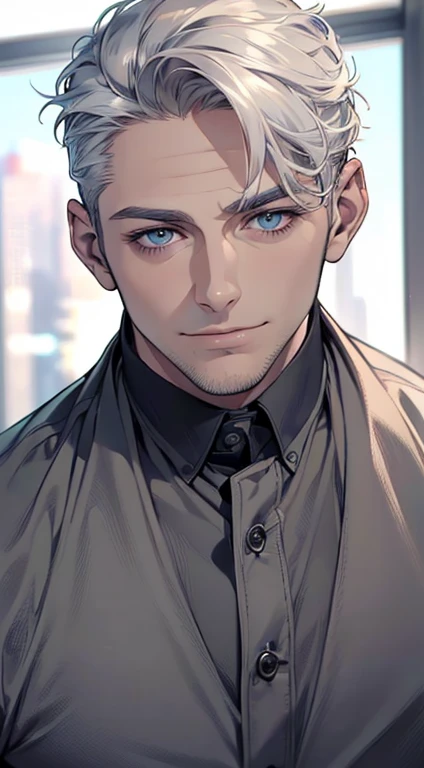 (best quality,4k,8k,highres,masterpiece:1.2),ultra-detailed,(realistic,photorealistic,photo-realistic:1.37),1 man,31 years old,mature man,very handsome,without expression,smile,short grey white hair,blue eyes,penetrating gaze,perfect face without errors,imposing posture,businessman,office background,cinematic lighting,hdr image