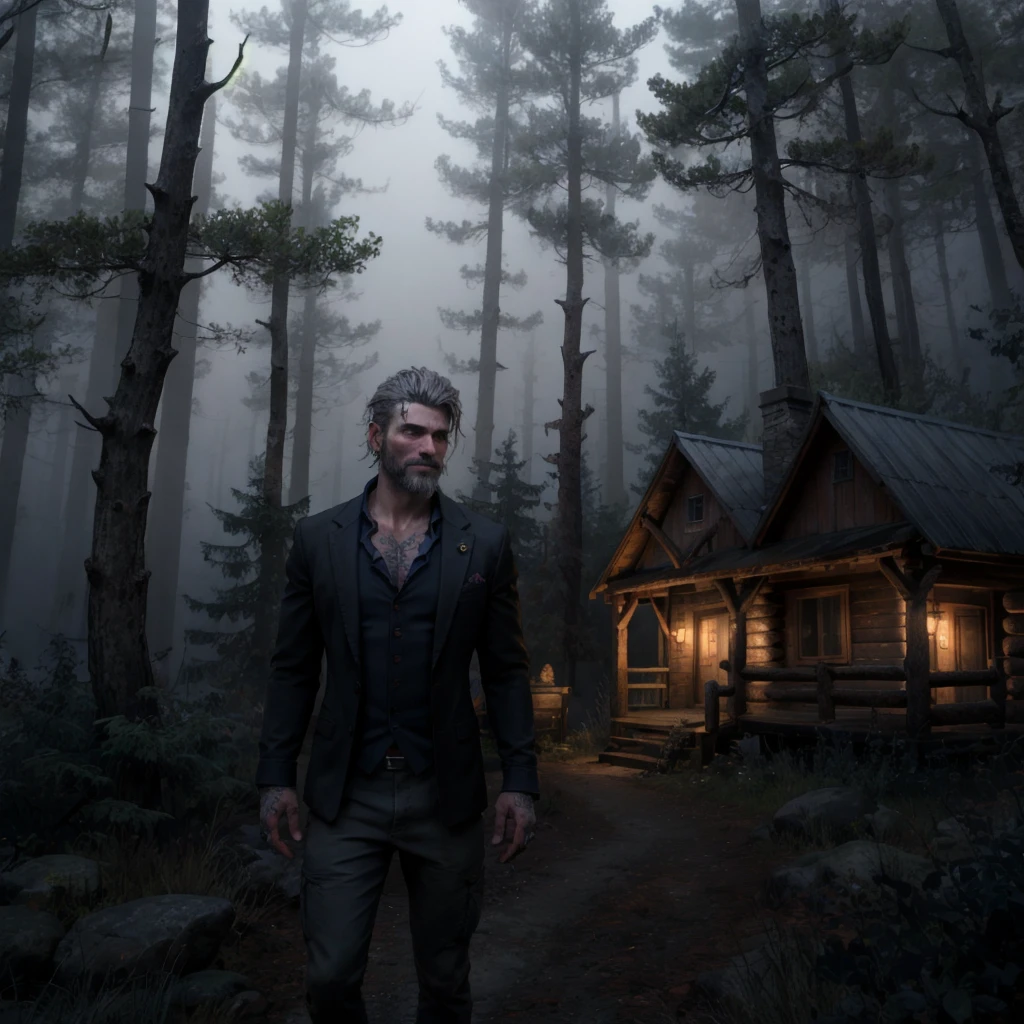 Vittorio Toscano, a mysterious History of Magic professor, stands in a foggy forest at night. His black blazer and red shirt, with buttons undone, reveal glowing blue runes on his chest and neck, pulsing softly in the dark. Gray hair, a groomed beard, a facial tattoo, and an earring add to his enigmatic charm. Behind him, a weathered cabin looms through the mist, completing the eerie, magical atmosphere.