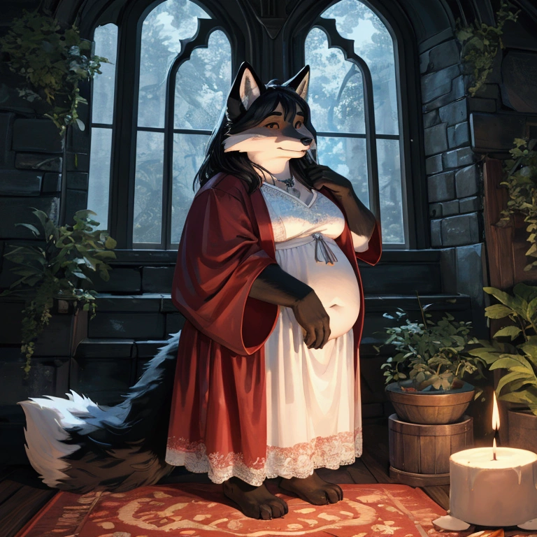 Tall_lanky_muscular_timberwolf female dark_gray_furry_body red_iris black_sclera very_fluffy fluffy_chest hooded_robes crossed_arms pregnant angry misty_breath solo Masterpiece best_quality absurdres highly_detailed cleanly_drawn_eyes anthro_only by_claweddrip, by_greasymojo, by_underscore-b, by_runawaystride