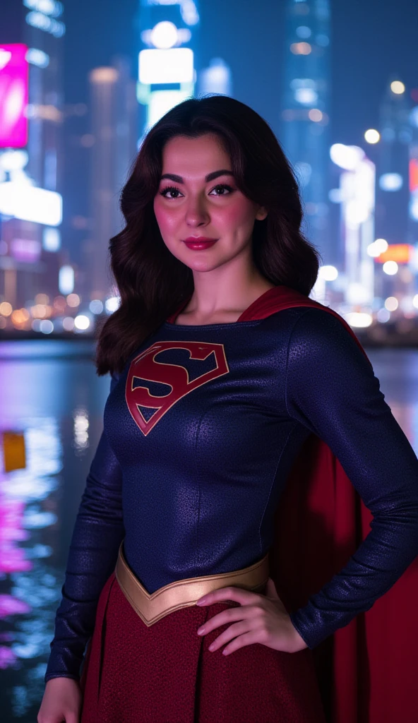 Hania Amir in Supergirl costume, (black hair), HD, remastered, HQ, 4K quality, cyberpunk cityscape, The very sexy Supergirl with her neckline outfit 