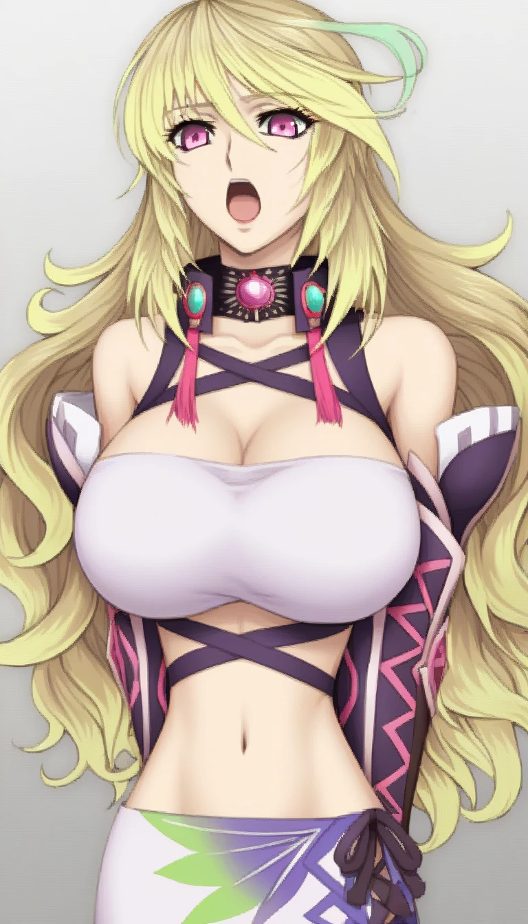 masterpiece,top-quality,source_anime,best quality, clear face,Milla Maxwell,tales of Xillia,1girl,solo,blonde hair, long hair,pink eyes,very large breasts,perfect body,beauty,very huge breasts,narrow waist,bust size is 200cm over,sexy,soaked,seductive anime girl, oppai,biomechanical oppai,oppai proportions,Both hands are tied behind their backs and restrained,put both hands behind her back,shiny breasts,well-shaped breasts,Moaning,Sensual,Breasts I want to squeeze