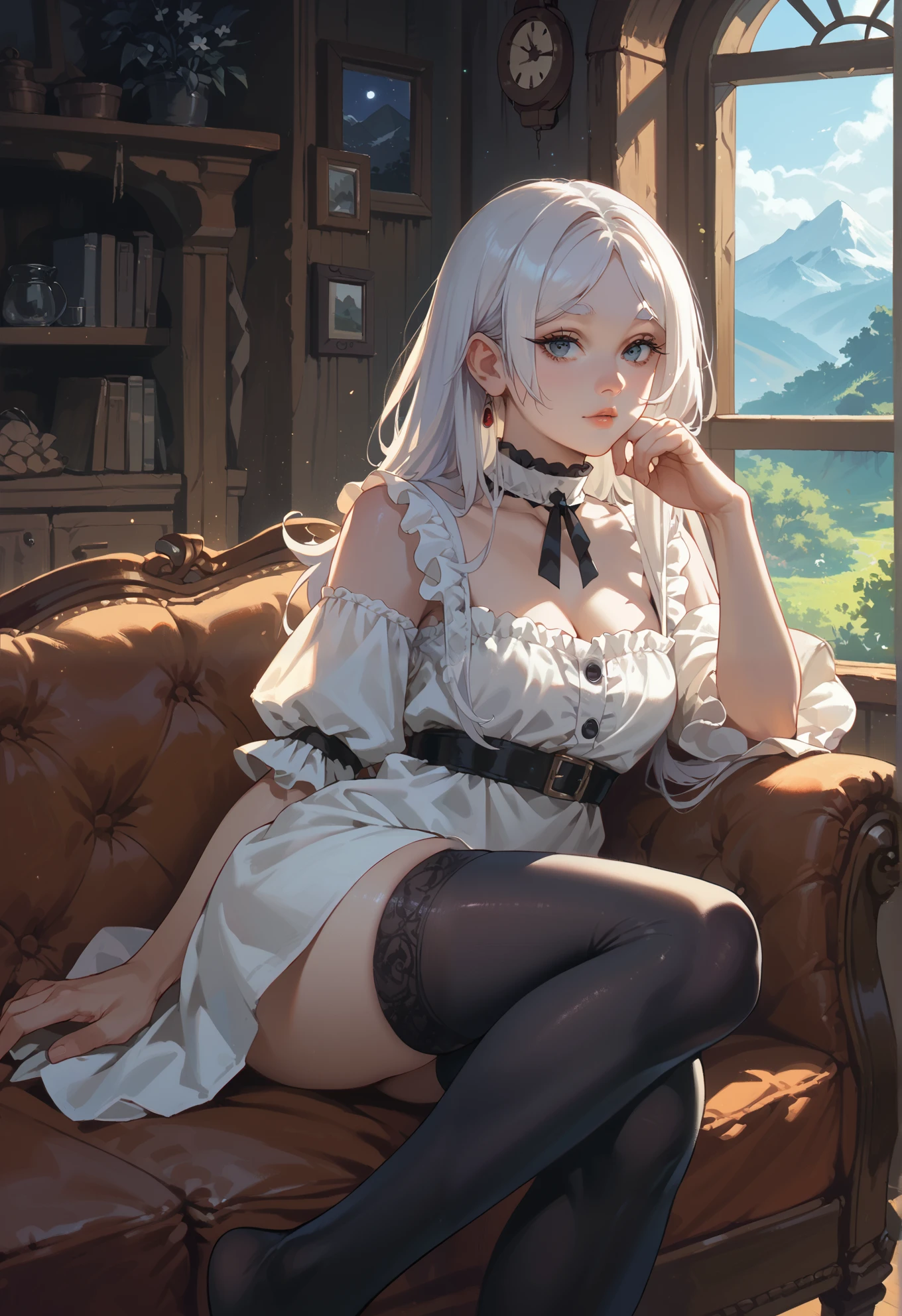 solo, Frieren, white hair, black thigh highs, sexy pose, sitting on a couch, mountain cottage, night time, beautiful lighting,