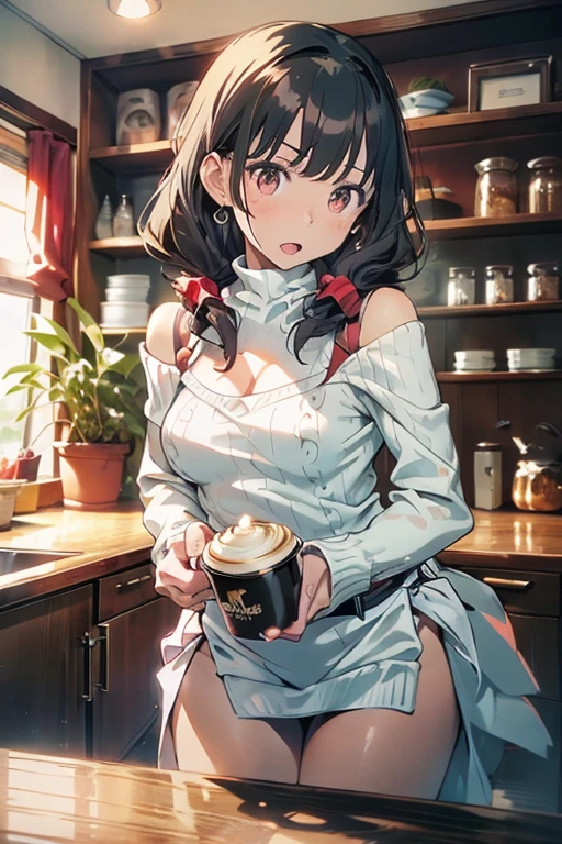 masterpiece, yor, 1girl, Amazing Cleavage:1.3, thin waist, big ass, Raised sexy, medium breast: 1.8 posed cleavage:1.2、solo, looking at viewer, open mouth, have a cup of coffee,black hair, red eyes, dress, bare shoulders, jewelry, collarbone, sidelocks, hairband, earrings, indoors, off shoulder, :o, sweater, arms behind back, plant, short hair with long locks, white hairband, off-shoulder dress, sweater dress, off-shoulder sweater, red sweater, big side hair, very long side hair,is rendered in (masterpiece: 1.2, best quality), with (ultra high resolution) and an exquisite (depth of field). This masterpiece is not only visually stunning but also tells, make of cake cooking ,in the kitchen