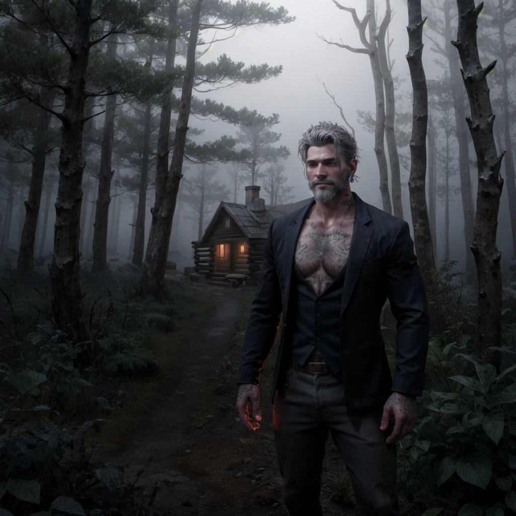 Vittorio Toscano, a mysterious History of Magic professor, stands in a foggy forest at night. His black blazer and red shirt, slightly smudged with dirt, have undone buttons that reveal glowing blue runes on his chest and neck. Gray hair, a groomed beard, a facial tattoo, and an earring add to his enigmatic presence. Behind him, a weathered cabin emerges through the mist, completing the eerie, magical atmosphere.