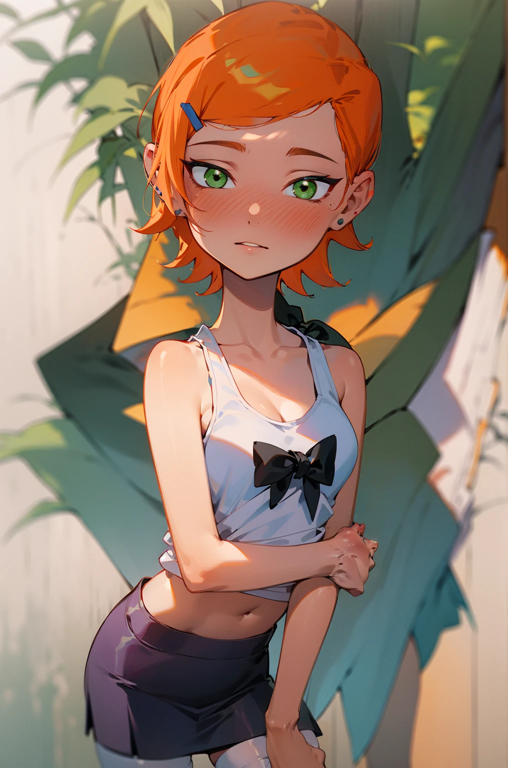 (Masterpiece), Best Quality, ultra-detailed, 1girl (Gwendolyn_Tennyson, breasts, orange hair, short hair, green eyes), a face in love, weary smile, parted lips, nose blush, blush , looking at viewer, solo, white tank_top (tied), purple skirt, ultra mini skirt, white thighhighs, forest, standing, Sexy waist teasing, cowboy shots