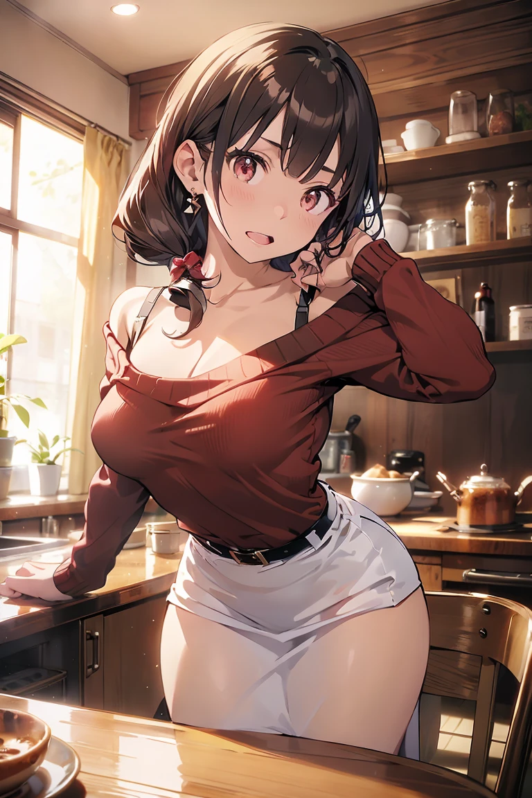 masterpiece, yor, 1girl, Amazing Cleavage:1.3, thin waist, big ass, Raised sexy, medium breast: 1.8 posed cleavage:1.2、solo, looking at viewer, open mouth, have a cup of coffee,black hair, red eyes, dress, bare shoulders, jewelry, collarbone, sidelocks, hairband, earrings, indoors, off shoulder, :o, sweater, arms behind back, plant, short hair with long locks, white hairband, off-shoulder dress, sweater dress, off-shoulder sweater, red sweater, big side hair, very long side hair,is rendered in (masterpiece: 1.2, best quality), with (ultra high resolution) and an exquisite (depth of field). This masterpiece is not only visually stunning but also tells, make of cake cooking ,in the kitchen