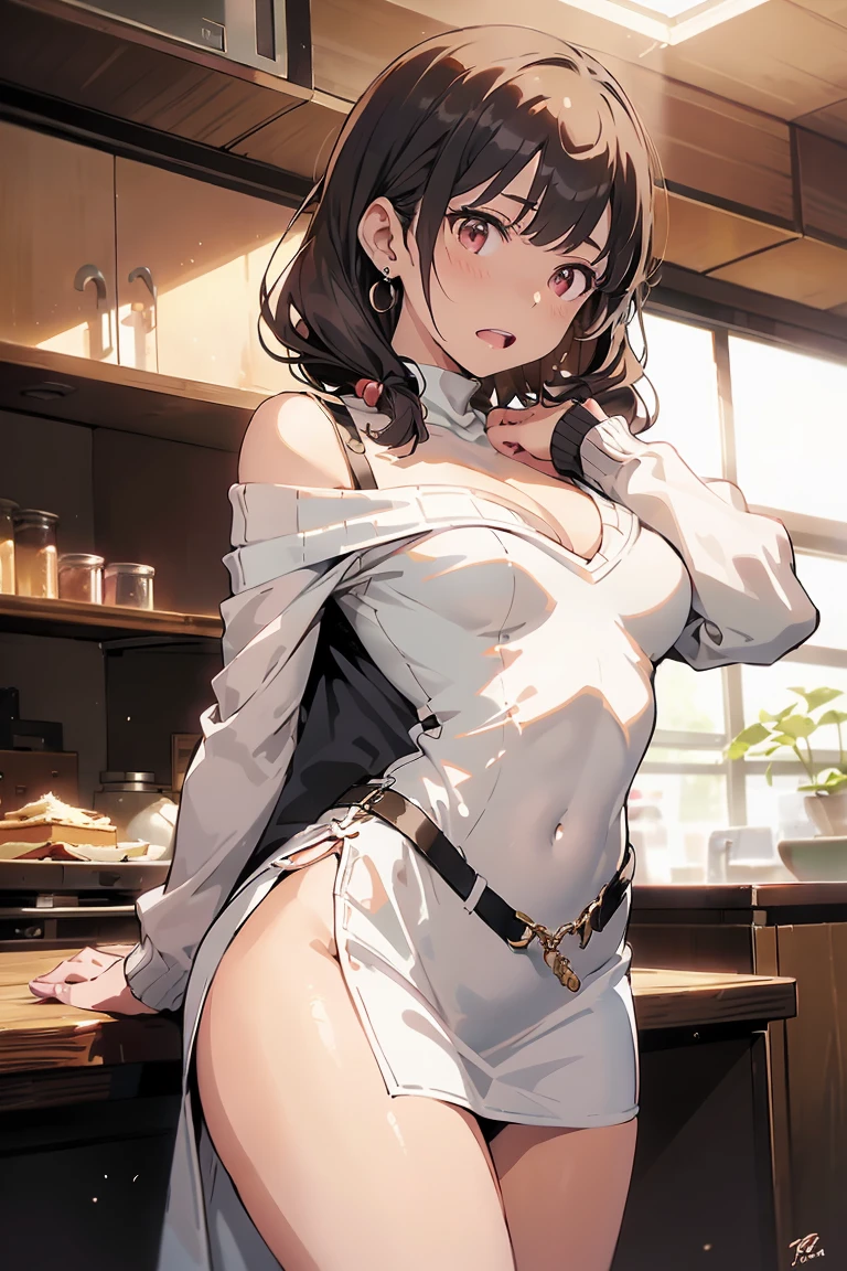 masterpiece, yor, 1girl, Amazing Cleavage:1.3, thin waist, big ass, Raised sexy, medium breast: 1.8 posed cleavage:1.2、solo, looking at viewer, open mouth, have a cup of coffee,black hair, red eyes, dress, bare shoulders, jewelry, collarbone, sidelocks, hairband, earrings, indoors, off shoulder, :o, sweater, arms behind back, plant, short hair with long locks, white hairband, off-shoulder dress, sweater dress, off-shoulder sweater, red sweater, big side hair, very long side hair,is rendered in (masterpiece: 1.2, best quality), with (ultra high resolution) and an exquisite (depth of field). This masterpiece is not only visually stunning but also tells, make of cake cooking ,in the kitchen