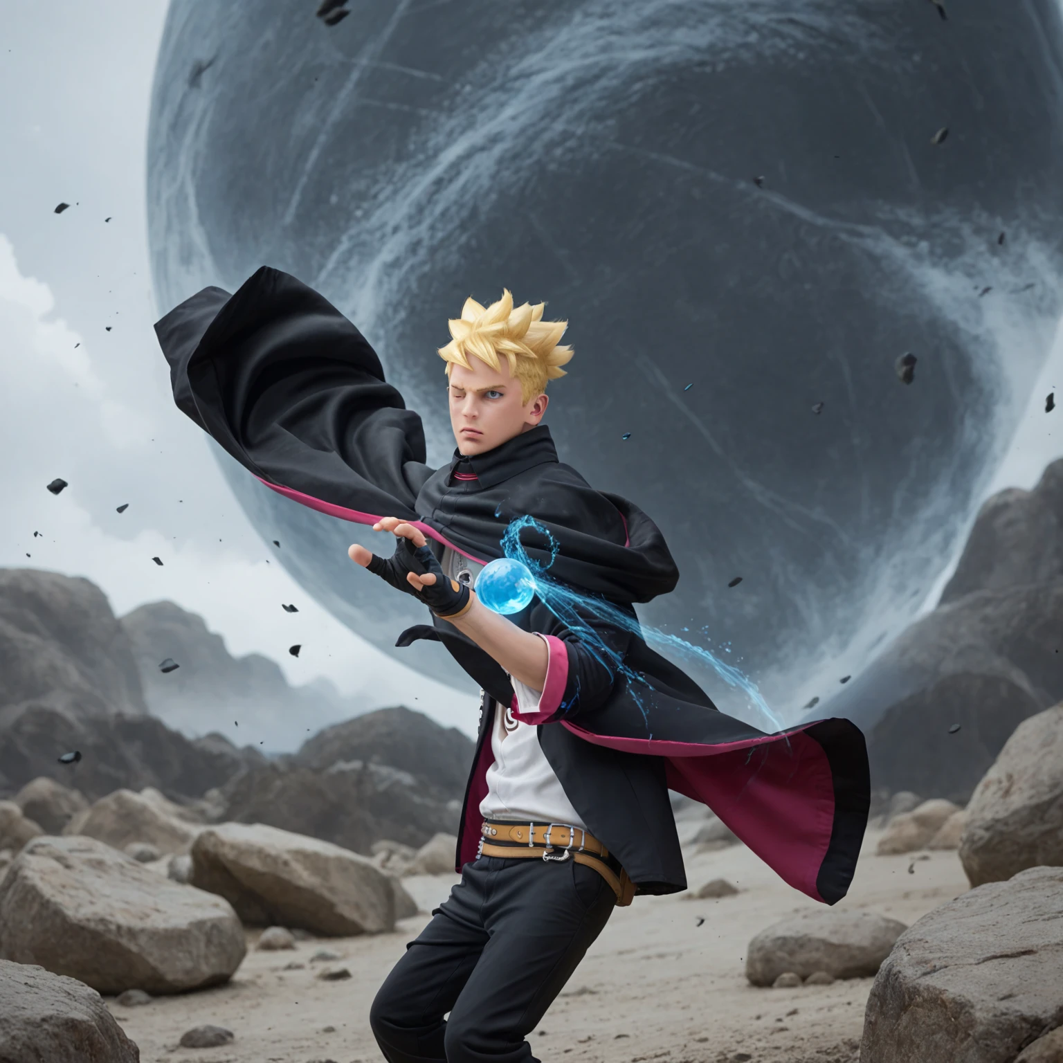 Boruto, 1boy, solo, fight pose, yellow hair, blue eyes, two black lines on the cheek, black cloak, black pants, gloves, rocks background, cowboy shot, one eyes closed,Textured Skin, rasengan ball in right hand, glowing blue ball, realistic, wind effect