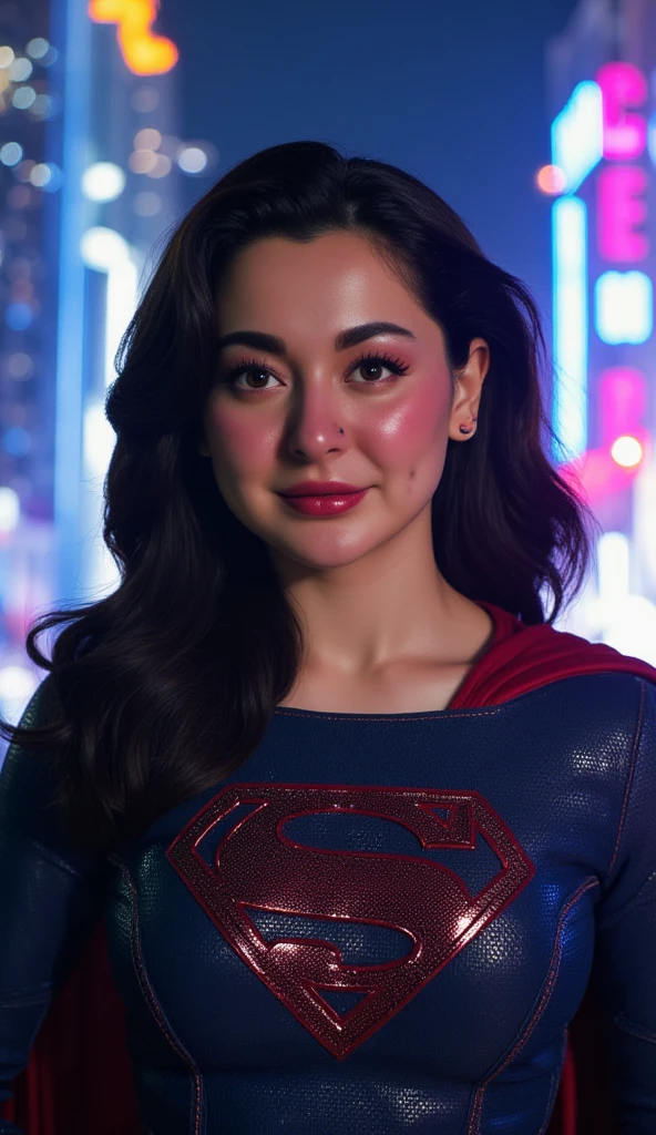 Hania Amir in Supergirl costume, (black hair), HD, remastered, HQ, 4K quality, cyberpunk cityscape, The very sexy Supergirl with her neckline outfit 