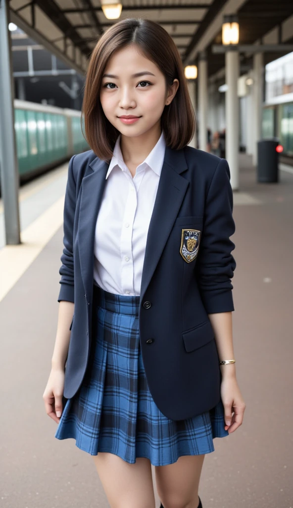 a beautiful young school girl,beautiful face and eyes,drooping eyes,navy short blazer,white blouse,blue  plaid skirt,navy socks,detailed face and eyes,detailed uniform,beautiful girl,photorealistic,8k,detailed texture,standing at local station,best quality,4k,8k,highres,(masterpiece 1.2),(realistic,photorealistic,photo-realistic 1.37),ultra-detailed,hdr,uhd,studio lighting,ultra-fine painting,sharp focus,focus,((((skirt lift:1.7)))),((((show white panties to viewers)))),ponytail hair