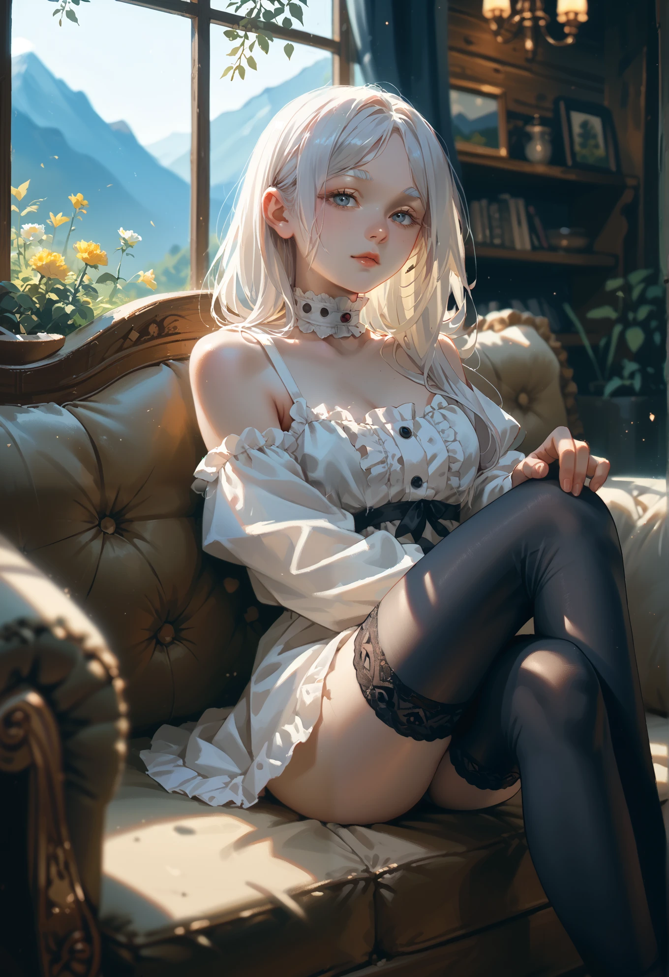 solo, Frieren, white hair, black thigh highs, sexy pose, sitting on a couch, mountain cottage, night time, beautiful lighting,