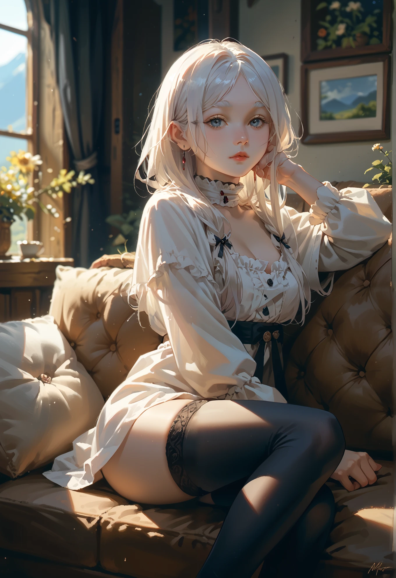 solo, Frieren, white hair, black thigh highs, sexy pose, sitting on a couch, mountain cottage, night time, beautiful lighting,