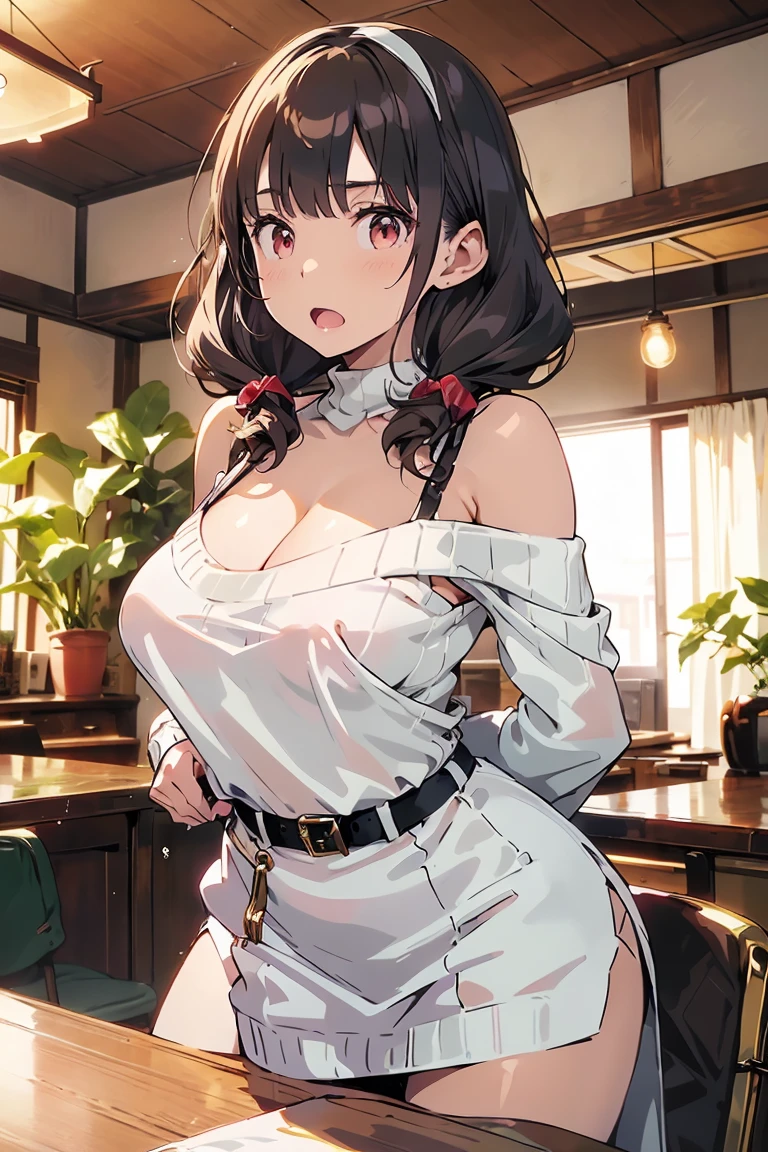 masterpiece, yor, 1girl, Amazing Cleavage:1.3, thin waist, big ass, Raised sexy, medium breast: 1.8 posed cleavage:1.2、solo, looking at viewer, open mouth, have a cup of coffee,black hair, red eyes, dress, bare shoulders, jewelry, collarbone, sidelocks, hairband, earrings, indoors, off shoulder, :o, sweater, arms behind back, plant, short hair with long locks, white hairband, off-shoulder dress, sweater dress, off-shoulder sweater, red sweater, big side hair, very long side hair,is rendered in (masterpiece: 1.2, best quality), with (ultra high resolution) and an exquisite (depth of field). This masterpiece is not only visually stunning but also tells, make of cake cooking ,in the kitchen