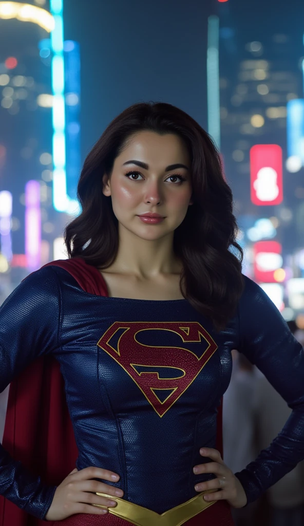 Hania Amir in Supergirl costume, (black hair), HD, remastered, HQ, 4K quality, cyberpunk cityscape, The very sexy Supergirl with her neckline outfit 