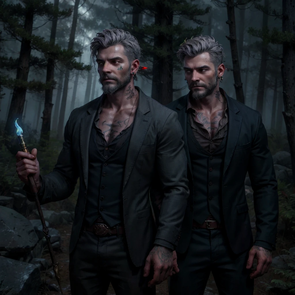 Vittorio Toscano, a mysterious History of Magic professor, stands in a foggy forest at night. His black blazer and red shirt, slightly smudged with dirt, have undone buttons that reveal glowing blue runes on his chest and neck. In one hand, he holds a sleek, weathered magic wand that emanates a faint glow. Gray hair, a groomed beard, a facial tattoo, and an earring enhance his enigmatic presence. Behind him, a weathered cabin emerges through the mist, completing the eerie, magical atmosphere