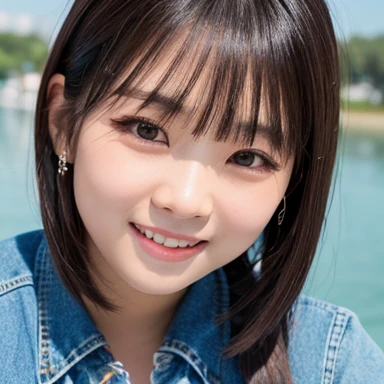 cinematic photo raw photo,perfect lighting,masterpiece,best quality, <lora:riccco_v1:0.8>, (riccco9:1.2),solo,1girl,perfect eyes,(short hair,black hair,sweet petite girl:1.2),parted lips,highly detailed skin,(looking at viewer,smiling at viewer:1.3),spring,day,on boat,upper body,denim, 35mm photograph, film, professional, 4k, highly detailed