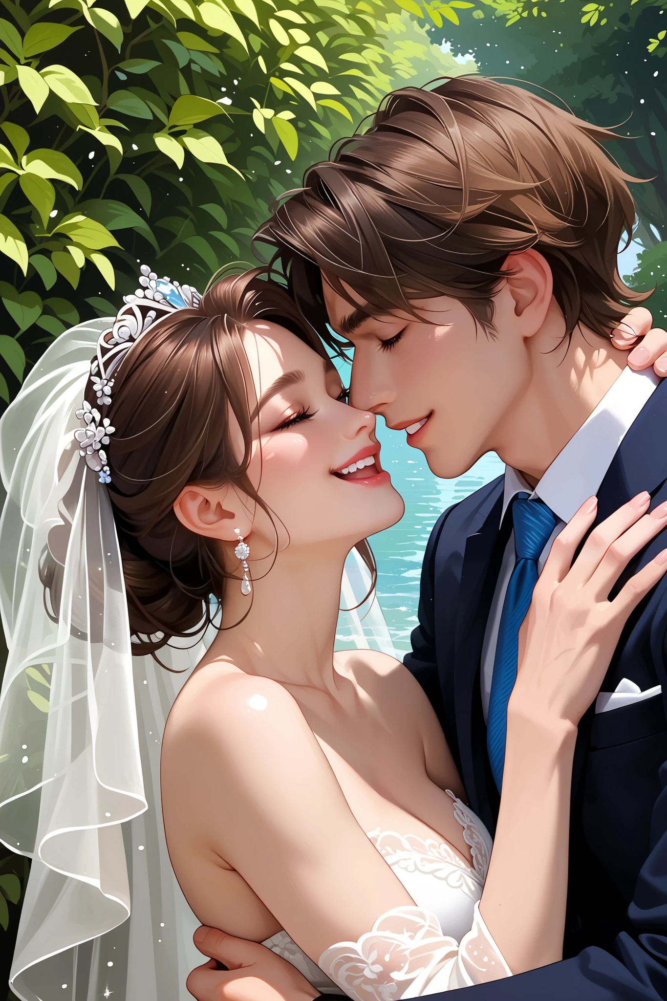 1 woman taking a wedding photo, couple with 1 man, happy , couple , Hair color is different, Different skin tones, Wedding background