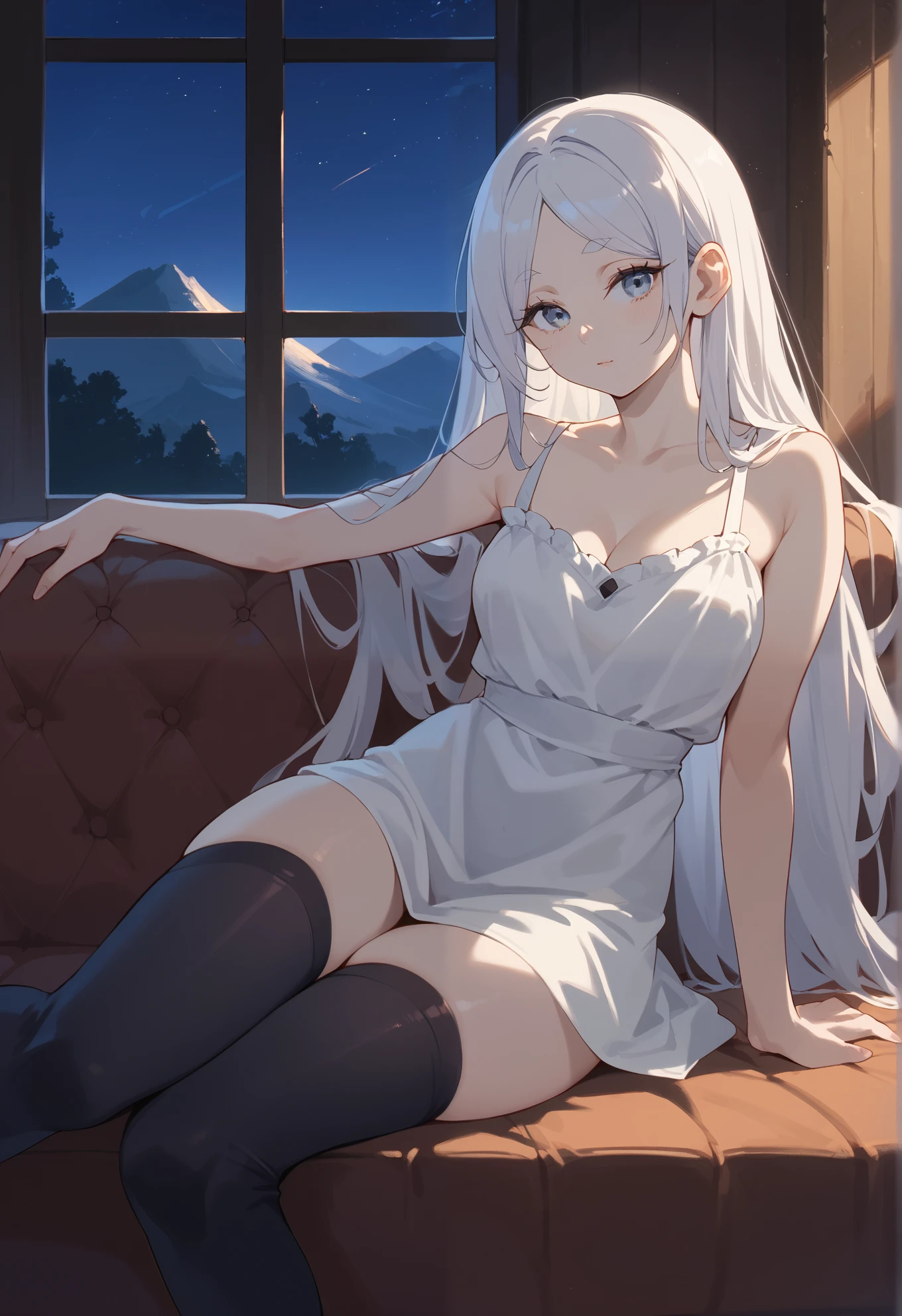 solo, Frieren, white hair, black thigh highs, sexy pose, sitting on a couch, mountain cottage, night time, beautiful lighting,