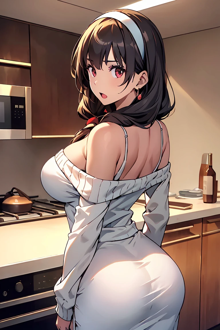 masterpiece, yor, 1girl, Amazing Cleavage:1.3, thin waist, big ass, Raised sexy, medium breast: 1.8 posed cleavage:1.2、solo, looking at viewer, open mouth, have a cup of coffee,black hair, red eyes, dress, bare shoulders, jewelry, collarbone, sidelocks, hairband, earrings, indoors, off shoulder, :o, sweater, arms behind back, plant, short hair with long locks, white hairband, off-shoulder dress, sweater dress, off-shoulder sweater, red sweater, big side hair, very long side hair,is rendered in (masterpiece: 1.2, best quality), with (ultra high resolution) and an exquisite (depth of field). This masterpiece is not only visually stunning but also tells, make of cake cooking ,in the kitchen