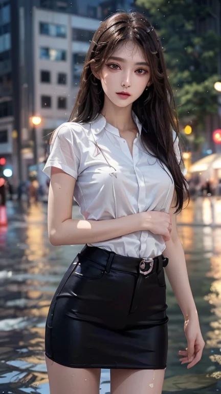 ผู้หญิงญี่ปุ่นที่charming, charming, charmingน่าหลงใหล, black hair, long, ผมlongถึงพื้น, ผมlongมาก, เน้นผมlonglong, I'm scanning in the middle., ผมlong ผมlongมาก, ผมlongตรง, ผมlong, The wind is blowing, Bird's eye view of a beautiful woman.., The texture is realistic., elegant, big girl, dynamic gesture, big girl, white short sleeve shirt The shirt is thin and the skin is visible., The chest is clearly visible. You can see the breast mound.... You will see a pile of milk.... Black pencil skirt, Black pencil skirt, short skirt, Black leather skirt with women's belt, Symmetrical shape, sexy figure, The heel is completely black., earring, Put on a watch......full body photo, student brooch, Shirt brooch attached to the chest, Look at every part of the body...., university backdrop