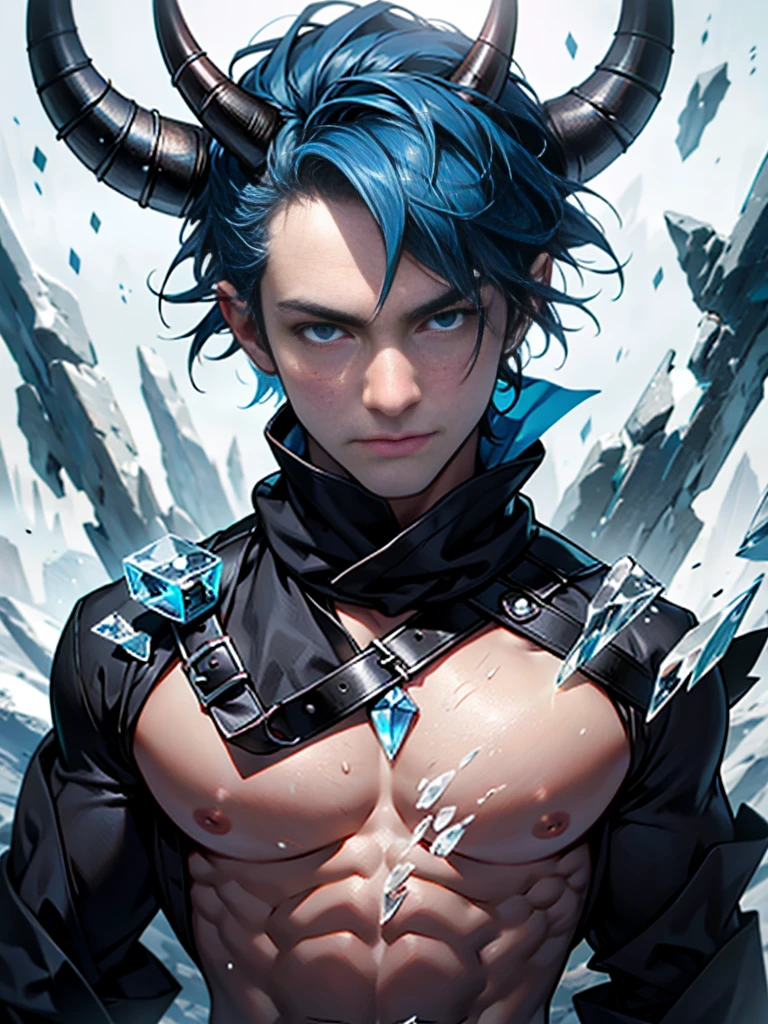 (((black colored clothes))), (((fantasy style))), (((fantasy style shirt))), (((silver details))), (((blue colored details))), (((flat chest))), (((male))), ((necklace with a white crystal))