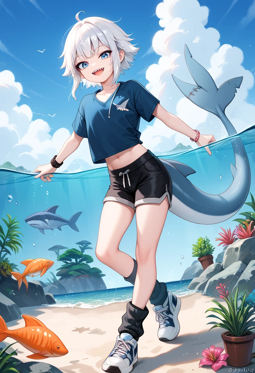 (((femboy))), blue shark tail, legs, cute clothes with sea stuff, long messy white hair, shark features, aquarium scenery, blue sweatshirt, black shorts, water detail on the sneakers, socks, sharp teeth, smile, opening arms excitedly, loose shirt, loose sweatshirt hitting the waist