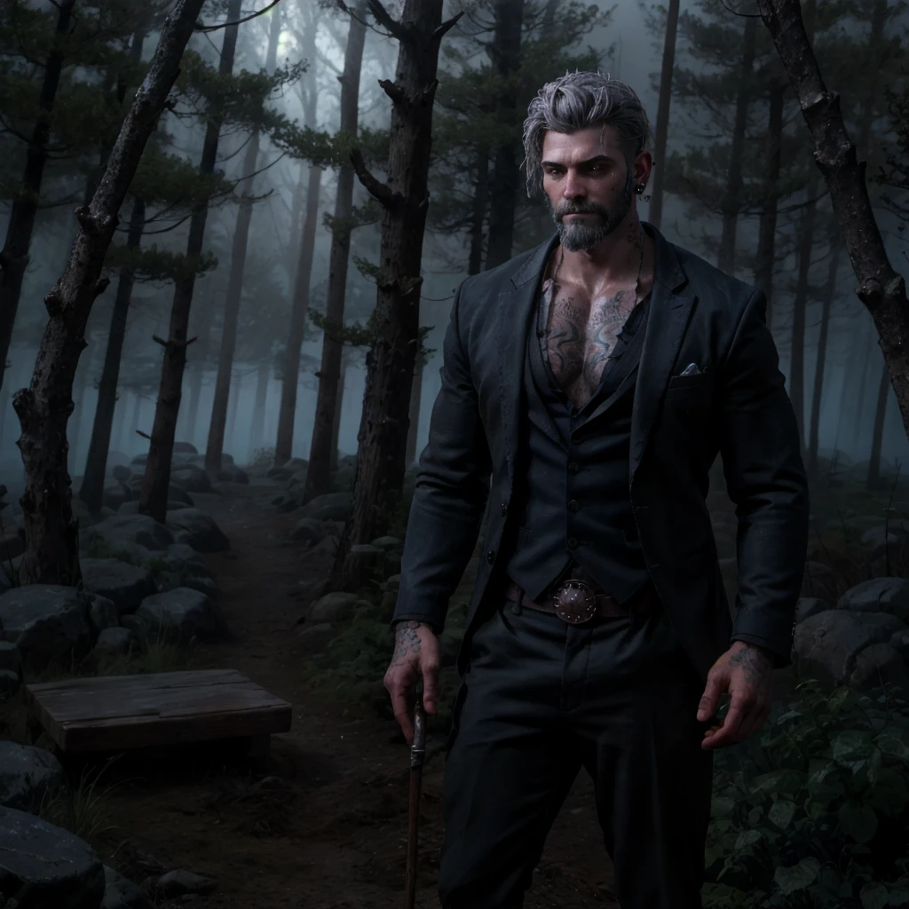 Vittorio Toscano, a mysterious History of Magic professor, stands in a foggy forest at night. His black blazer and red shirt, slightly smudged with dirt, have undone buttons that reveal glowing blue runes on his chest and neck. In one hand, he holds a sleek, weathered magic wand that emanates a faint glow. Gray hair, a groomed beard, a facial tattoo, and an earring enhance his enigmatic presence. Behind him, a weathered cabin emerges through the mist, completing the eerie, magical atmosphere