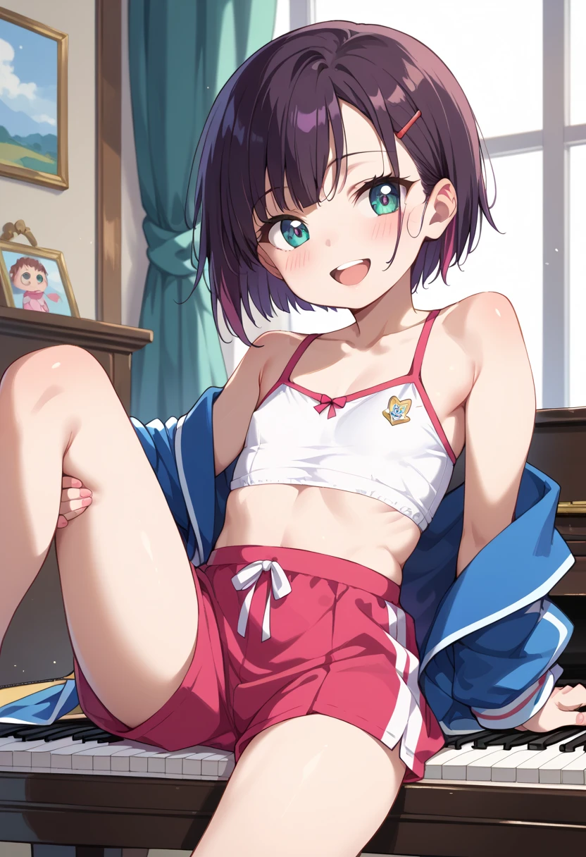 (( top quality)), ((masterpiece)), (be familiar with),  perfect face, indoor, bedroom,  watching viewers,
One woman, Mikazuki Kan,
 open mouth,  ecstatic expression beside the piano, blush, smile,
 small ,  flat chested, Young girl, Lori,  kids,  girl,
Short Hair,  short hair,
Leg spread,