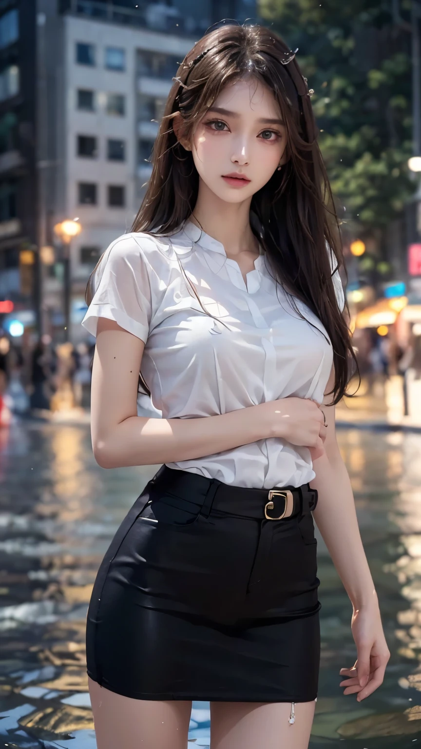 (top-quality、hight resolution、masterpiece:1.3)、Tall and cute woman、Slender Abs、Dark brown hair styled in loose waves、 cute face, beautiful countenance, (Lifelike face), Beautiful hairstyle, realisticeyes, beautiful detail, (real looking skin), Beautiful skins, enticing, The ultra -The high-definition, A hyper-realistic, ighly detailed, (small tits:1.3), (cleavage of the breast:0.8)、White button-up shirt、a belt、Black leather tight skirt、Like Emily O'Hara Ratajkowski Japan,breastsout、Wearing a pendant、White button-up shirt、a belt、Black leather tight skirt、(Modern architecture in background)、Details exquisitely rendered in the face and skin texture、A detailed eye、二重まぶた、(Modern architecture in background)、